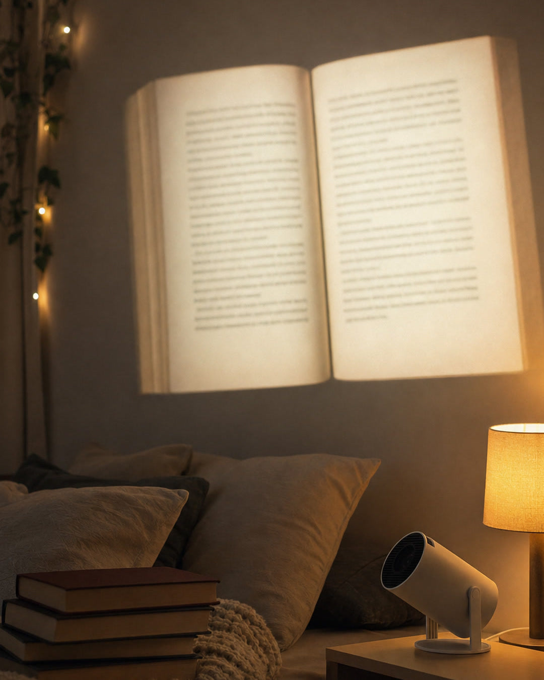 Páginas de un libro proyectadas en la pared del dormitorio
