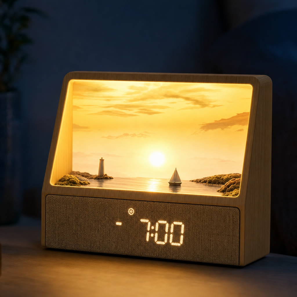 Detalle del paisaje iluminado y el reloj LED de Lapirum Aurora