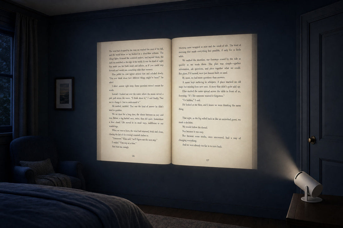 Página de un libro proyectada en grande en la pared del dormitorio